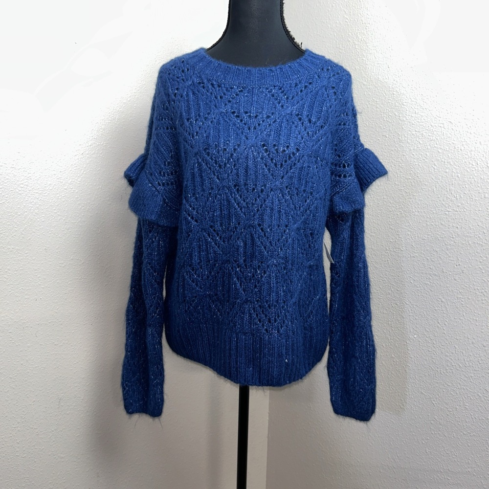 Old Navy Cozy‎ Knit Sweater Women's Small Blue Ruffle Trim Pointelle Long Sleeve